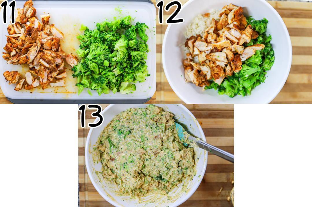 Combine ingredients chicken , rice, broccoli, and cheese sauce