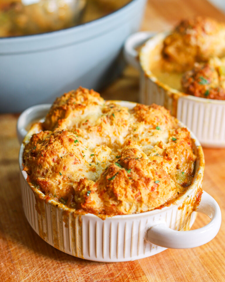 Creole seafood pot pie with golden Cheddar Bay biscuit topping